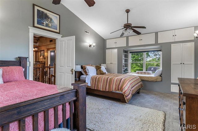 505 Thompson Ln, Arcadia, MO 63621 - bedroom with light colored carpet, high vaulted ceiling, and a ceiling fan