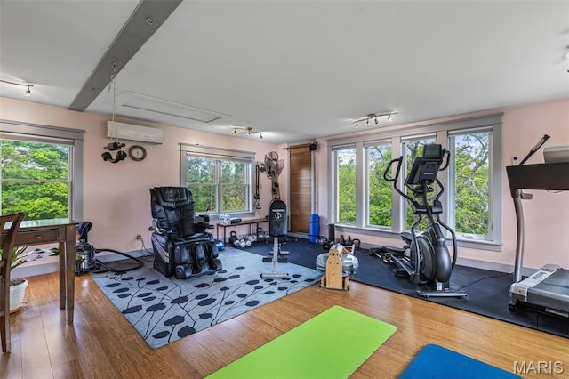 505 Thompson Ln, Arcadia, MO 63621 - exercise area with track lighting, wood finished floors, attic access, and an AC wall unit