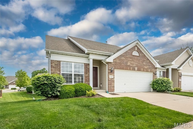 view of front facade featuring a garage, brick siding, a front lawn, driveway, and a shingled roof