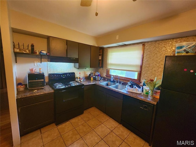1437 Farmview Ave, Saint Louis, MO 63138 - kitchen featuring black appliances, open shelves, a sink, under cabinet range hood, and dark countertops