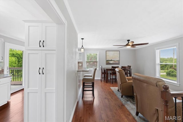 8316 D Rd, Waterloo, IL 62298 - living room featuring a ceiling fan, crown molding, dark wood-style flooring, and baseboards