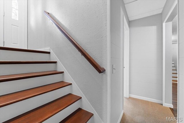 8316 D Rd, Waterloo, IL 62298 - staircase with carpet floors, a textured wall, and baseboards