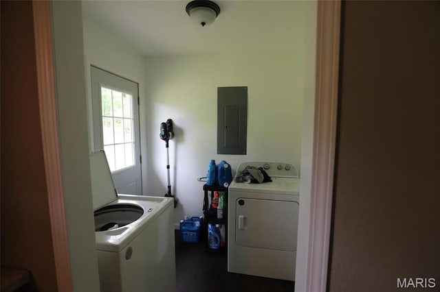 1507 Vine St, Poplar Bluff, MO 63901 - laundry area featuring electric panel, independent washer and dryer, and dark wood-style flooring