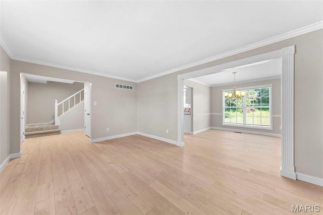 3009 Country Knoll Dr, Saint Charles, MO 63303 - unfurnished living room with a chandelier, baseboards, light wood-style flooring, stairway, and ornamental molding