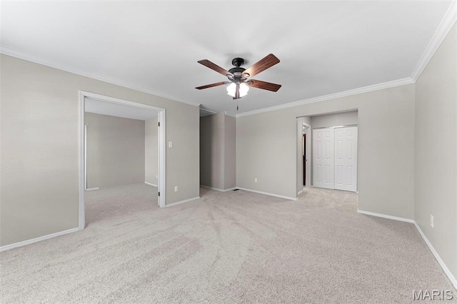 3009 Country Knoll Dr, Saint Charles, MO 63303 - unfurnished bedroom with ornamental molding, light colored carpet, baseboards, and a ceiling fan