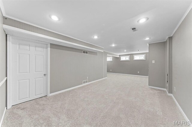 3009 Country Knoll Dr, Saint Charles, MO 63303 - basement featuring ornamental molding, recessed lighting, light colored carpet, and baseboards