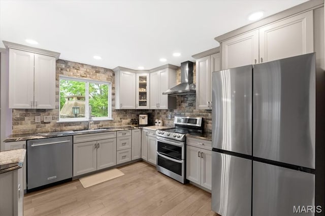kitchen featuring stainless steel appliances, wall chimney range hood, a sink, decorative backsplash, and recessed lighting