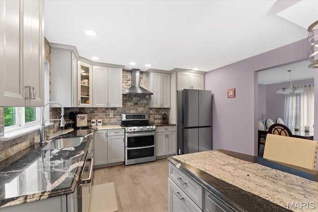 kitchen featuring wall chimney range hood, appliances with stainless steel finishes, a sink, backsplash, and dark stone countertops