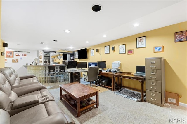 office area with carpet flooring, bar, and recessed lighting