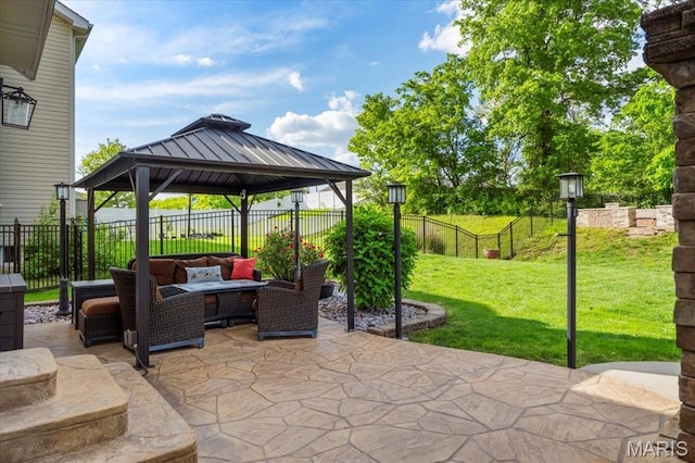 view of patio / terrace featuring a gazebo and an outdoor hangout area