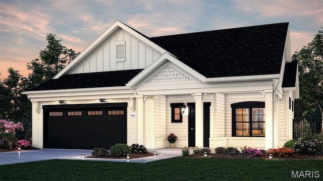 modern farmhouse with board and batten siding, roof with shingles, a front yard, driveway, and an attached garage