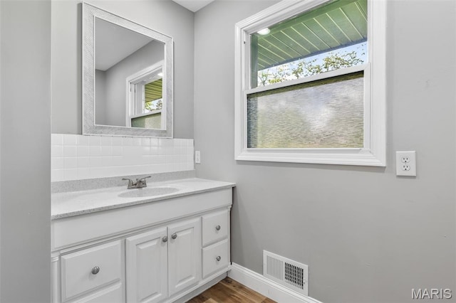 701 Hillsboro Rd, Farmington, MO 63640 - bathroom with baseboards, vanity, decorative backsplash, and wood finished floors