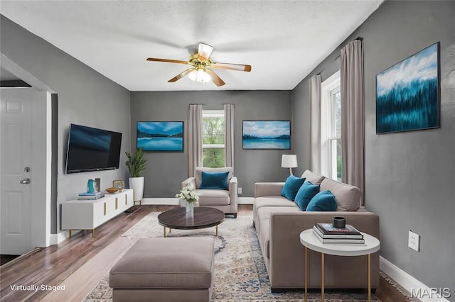 living area featuring a ceiling fan, wood finished floors, and baseboards