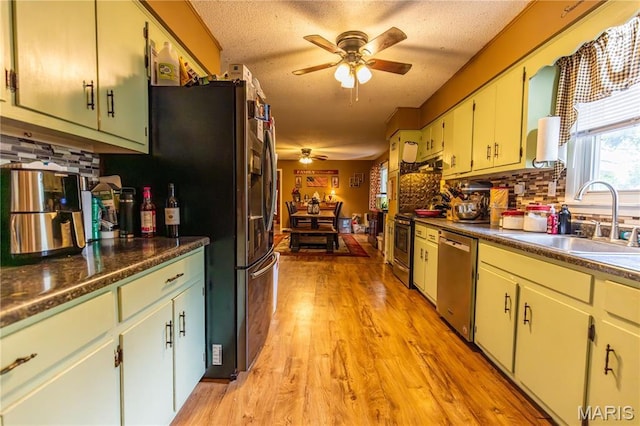 211 E Elm, Bertrand, MO 63823 - kitchen with stainless steel dishwasher, a ceiling fan, a sink, tasteful backsplash, and light wood-style flooring