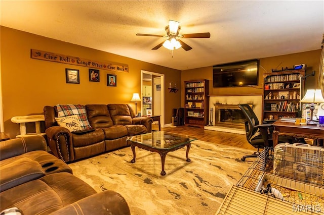 211 E Elm, Bertrand, MO 63823 - living area featuring a glass covered fireplace, a ceiling fan, and wood finished floors
