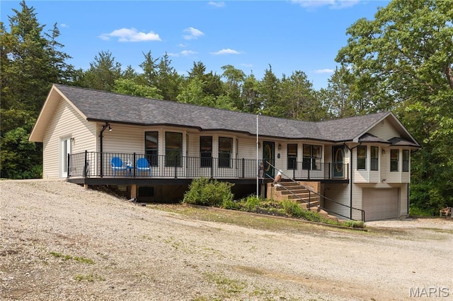 6703 Shenandoah Ln, Dittmer, MO 63023 - ranch-style home with a garage, dirt driveway, stairs, a shingled roof, and a porch