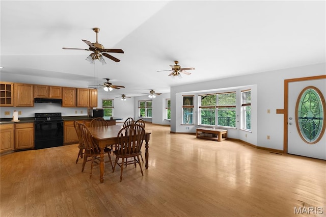 6703 Shenandoah Ln, Dittmer, MO 63023 - dining area with light wood finished floors, ceiling fan, and baseboards