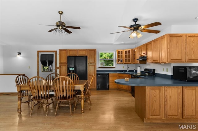 6703 Shenandoah Ln, Dittmer, MO 63023 - kitchen with black appliances, ceiling fan, under cabinet range hood, light wood-style floors, and recessed lighting