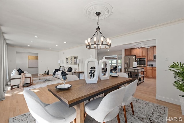 1 Woodoaks Trl, Saint Louis, MO 63124 - dining space with ornamental molding, a chandelier, light wood-type flooring, recessed lighting, and baseboards