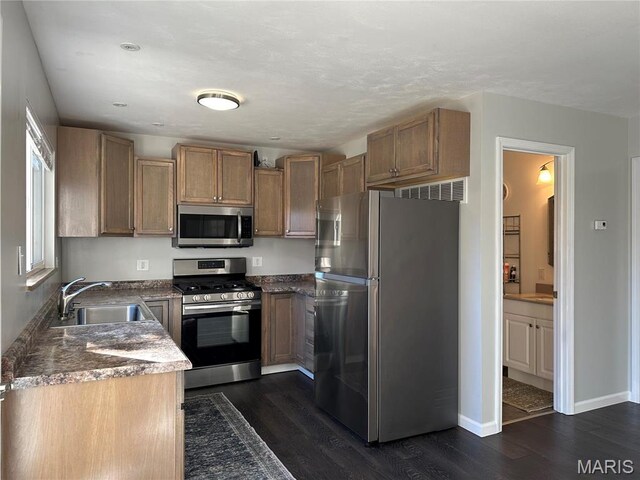3985 Lakeshore Dr, New Haven, MO 63068 - kitchen with stainless steel appliances, dark wood-type flooring, a sink, and dark countertops