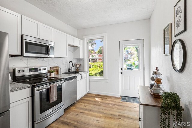 3641 Virginia Ave, Saint Louis, MO 63118 - kitchen featuring appliances with stainless steel finishes, a sink, plenty of natural light, a textured ceiling, and decorative backsplash