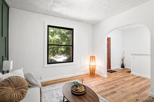3641 Virginia Ave, Saint Louis, MO 63118 - living room featuring arched walkways, light wood finished floors, a textured ceiling, and baseboards