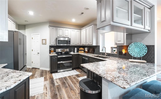 kitchen featuring appliances with stainless steel finishes, a sink, a peninsula, dark wood-style flooring, and light stone countertops