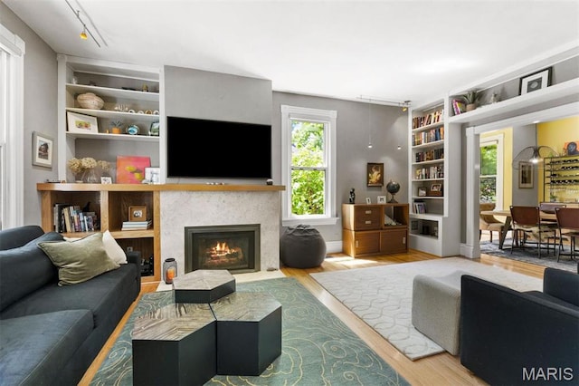 living area featuring built in features, wood finished floors, a fireplace with flush hearth, and rail lighting