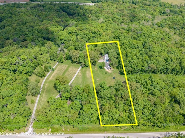aerial overview of property's location with a forest and property boundaries highlighted