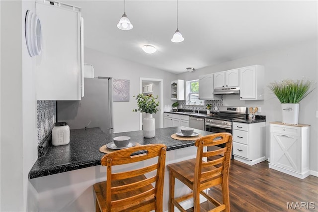 kitchen with stainless steel appliances, under cabinet range hood, dark countertops, backsplash, and white cabinets