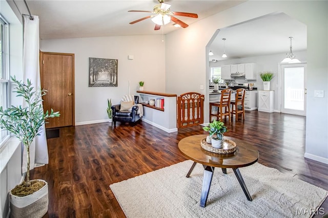 living area with ceiling fan, wood finished floors, baseboards, and vaulted ceiling