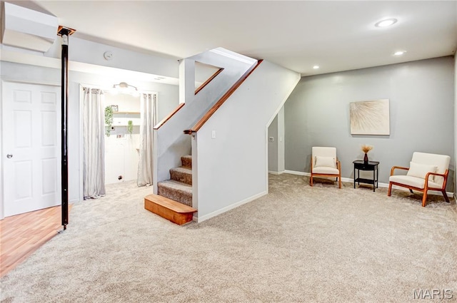 living area with stairs, carpet floors, recessed lighting, and baseboards