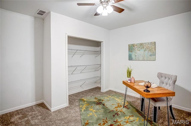 office with carpet, ceiling fan, and baseboards