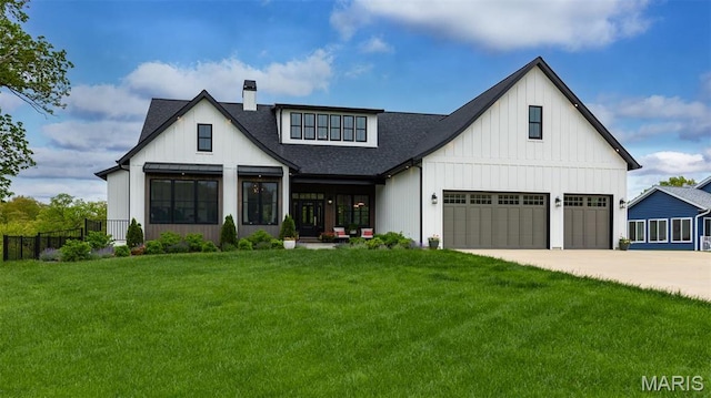 10028 Pineridge Dr, Effingham, IL 62401 - modern farmhouse style home featuring a shingled roof, board and batten siding, concrete driveway, and a chimney
