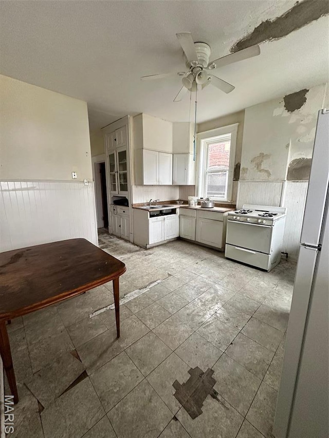 3636 Arkansas Ave, Saint Louis, MO 63118 - kitchen featuring white appliances, a wainscoted wall, ceiling fan, and a sink