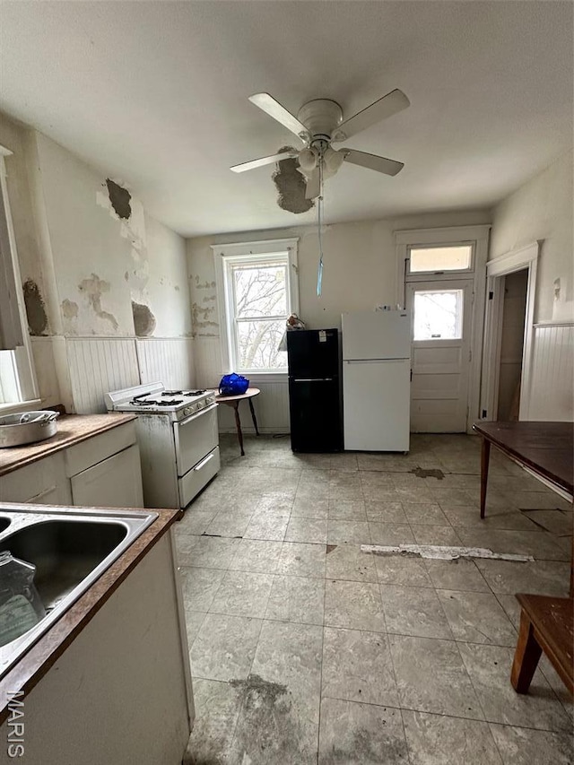 3636 Arkansas Ave, Saint Louis, MO 63118 - kitchen with white appliances, a wainscoted wall, healthy amount of natural light, a sink, and a ceiling fan