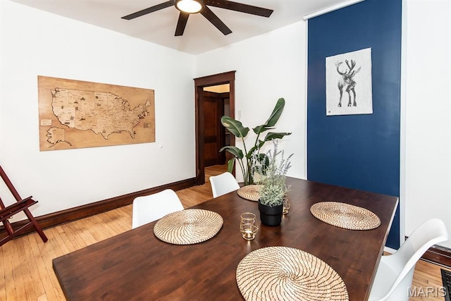 dining room featuring ceiling fan, hardwood / wood-style floors, and baseboards