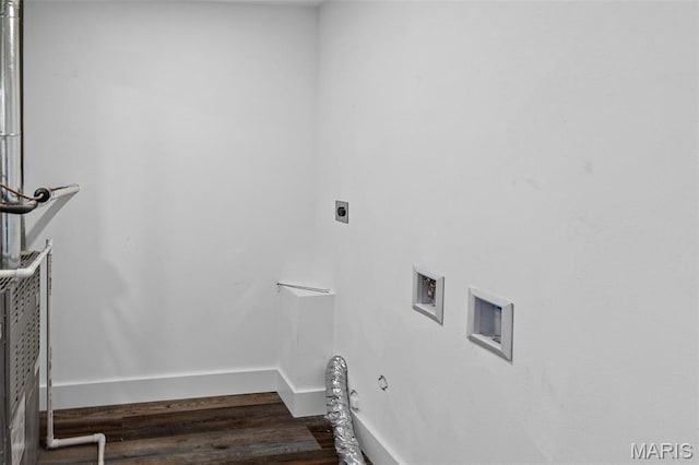 washroom with hookup for an electric dryer, hookup for a washing machine, wood finished floors, and gas dryer hookup