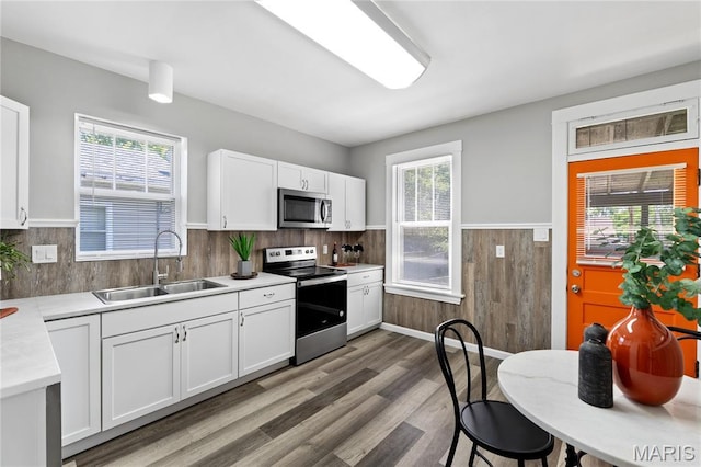 4020 Neosho St, Saint Louis, MO 63116 - kitchen with appliances with stainless steel finishes, a sink, wainscoting, light countertops, and healthy amount of natural light