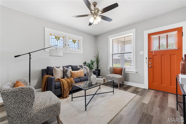 4020 Neosho St, Saint Louis, MO 63116 - living room featuring wood finished floors, healthy amount of natural light, ceiling fan, and baseboards