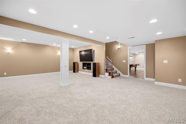 1019 Hawks Landing Dr, Lake St Louis, MO 63367 - finished basement with light colored carpet, recessed lighting, stairs, and baseboards
