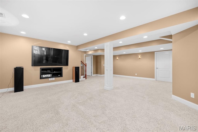 1019 Hawks Landing Dr, Lake St Louis, MO 63367 - unfurnished living room with light colored carpet, recessed lighting, baseboards, and stairs