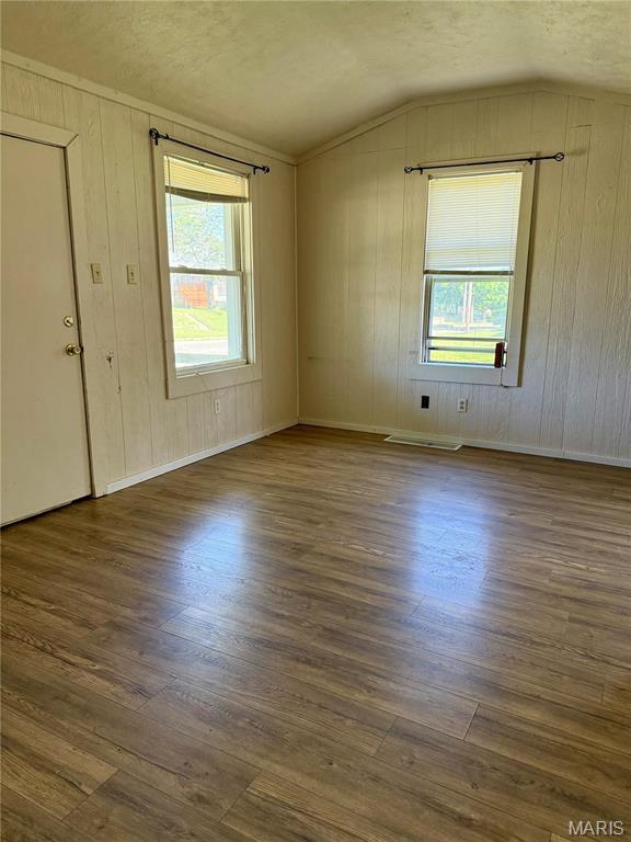 spare room with lofted ceiling, dark wood-style flooring, baseboards, and a textured ceiling
