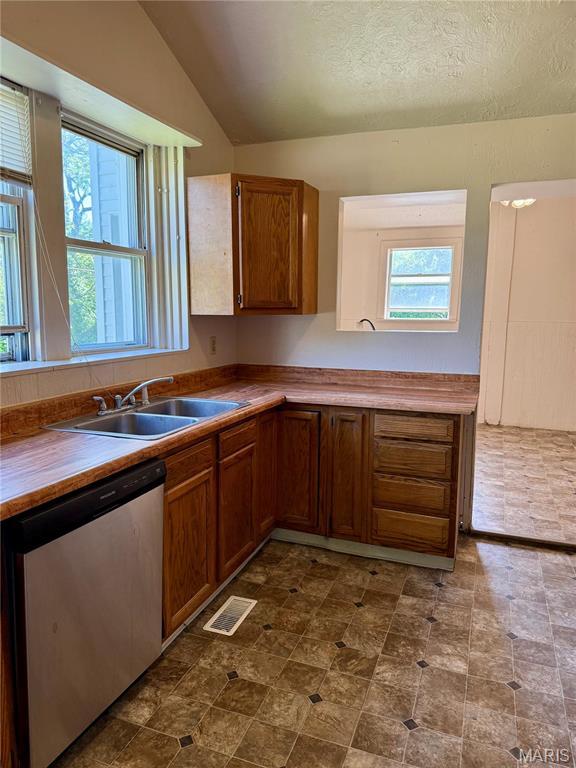 kitchen with stainless steel dishwasher, healthy amount of natural light, lofted ceiling, brown cabinetry, and a sink