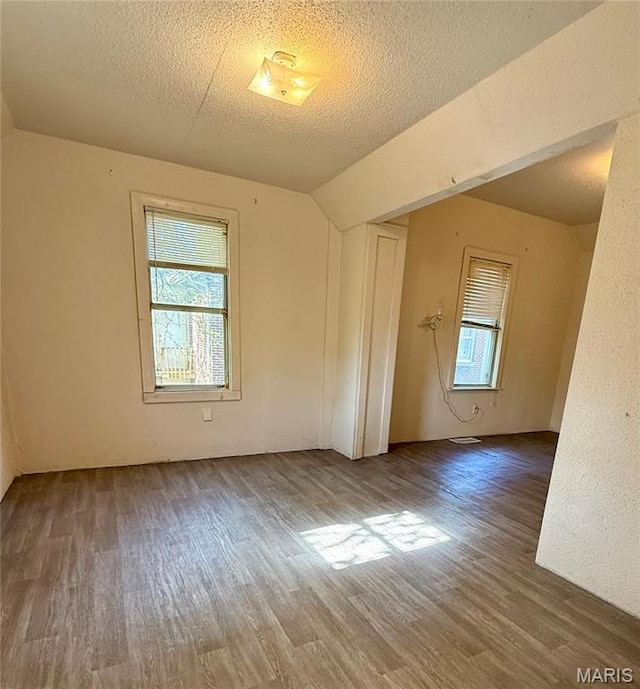 empty room with wood finished floors, plenty of natural light, and a textured ceiling