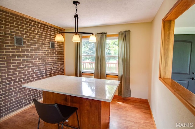 968 Super Slab Rd, Greenfield, IL 62044 - unfurnished dining area with brick wall, wood finished floors, a textured ceiling, and baseboards
