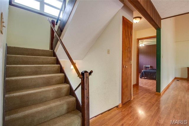 968 Super Slab Rd, Greenfield, IL 62044 - stairway with wood finished floors, a textured ceiling, a ceiling fan, and baseboards