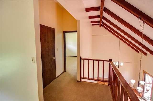 968 Super Slab Rd, Greenfield, IL 62044 - corridor with beamed ceiling, carpet floors, a chandelier, an upstairs landing, and high vaulted ceiling