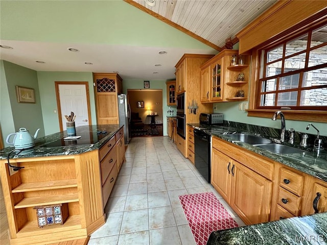 15716 County Road 5190, Rolla, MO 65401 - kitchen with open shelves, a sink, black appliances, a kitchen island, and brown cabinetry