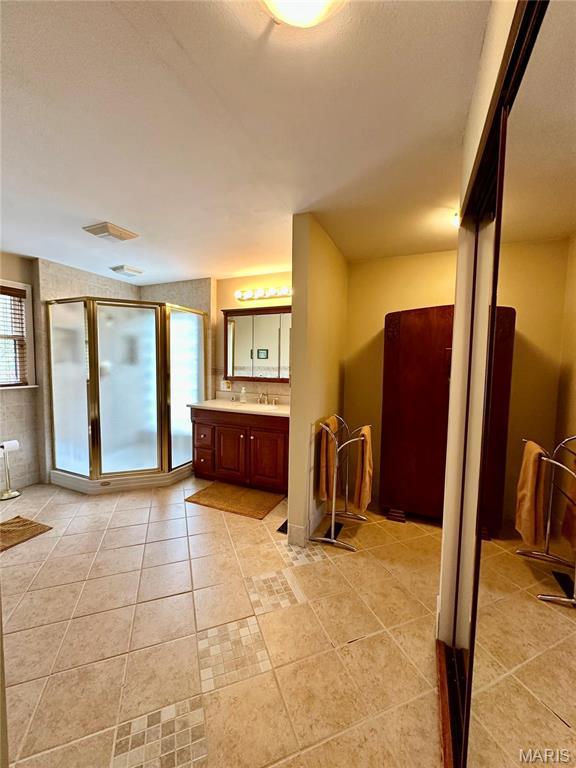 15716 County Road 5190, Rolla, MO 65401 - bathroom with healthy amount of natural light, a stall shower, tile patterned flooring, and vanity